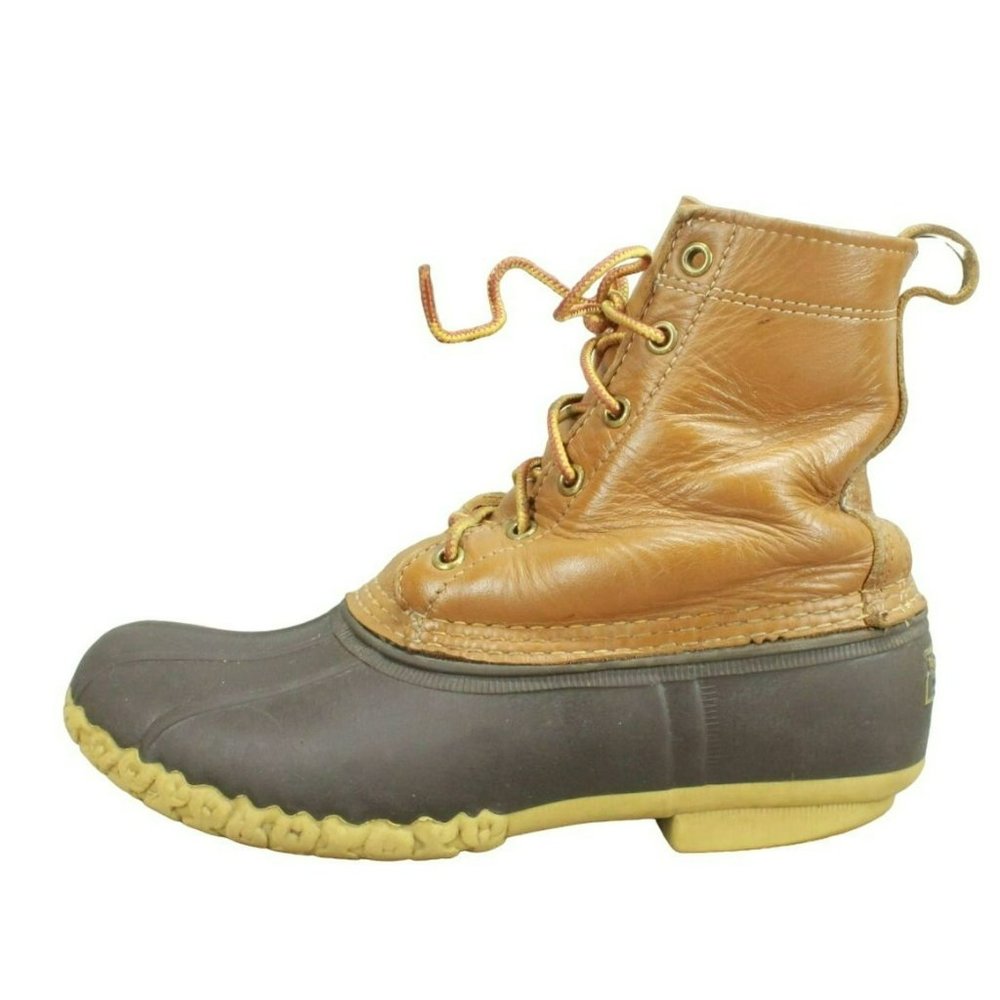 LL Bean Brown Leather Lace Up Unlined Ankle Duck Boots Size 7 M - Picture 1 of 9